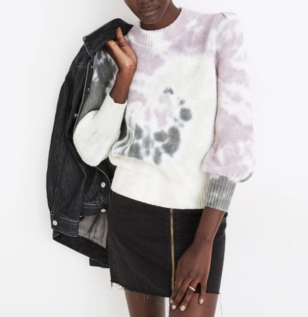 Madewell Tie Dye Puff Sleeve Sweater Pastel Knit Mock Neck Cotton Pullover S